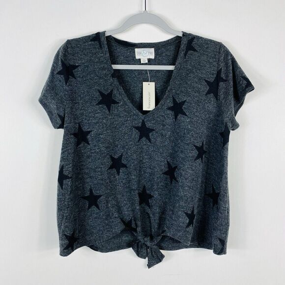 Jun & Ivy Francesca's Sz Large Star Print Tie Front V-Neck Tee Top Heather Gray - Picture 1 of 5